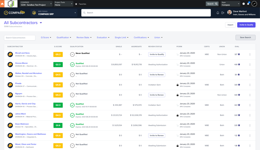 compass subcontractor prequalification software dashboard