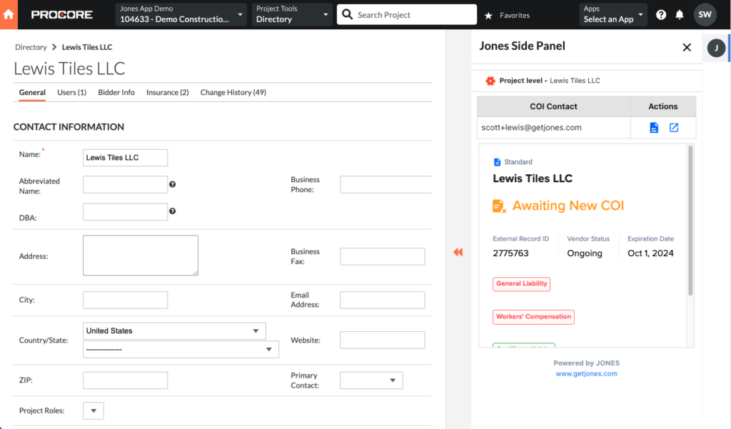 Jones Side Panel Procore screenshot