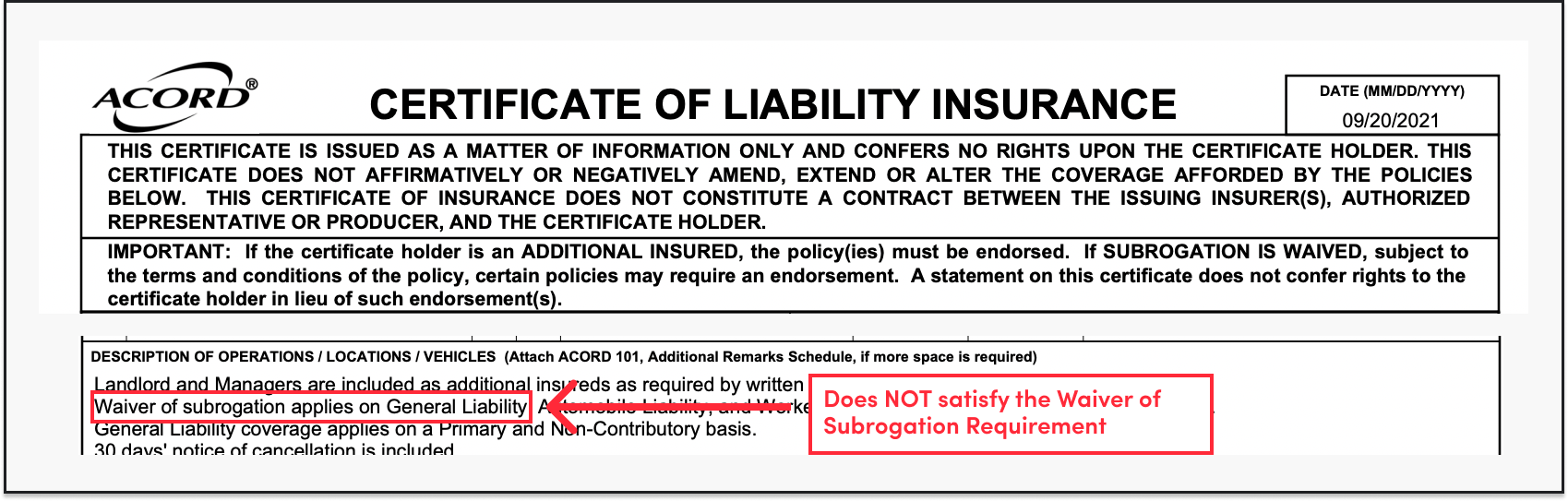 Waiver of Subrogation on a COI - Jones
