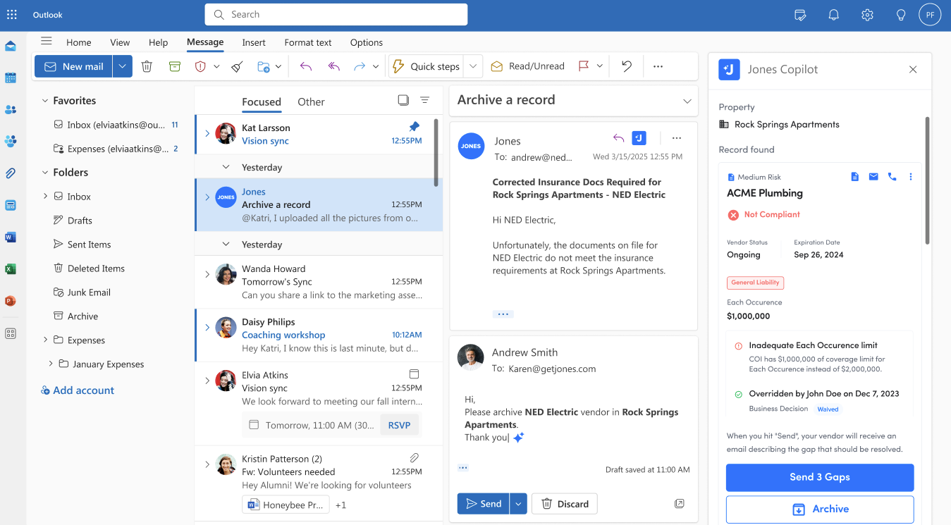 Jones Microsoft Outlook Copilot enables clients to instantly view compliance reports, gaps, and issues